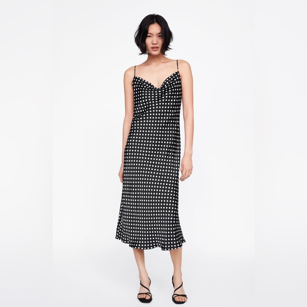 Zara Black and White Polka Dot Midi Slip Dress